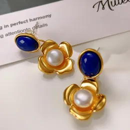 Dangle Earrings European And American Style Retro Blue Gem Natural Pearl Flower Earring Girl