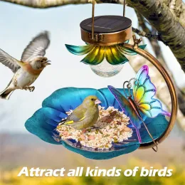 Matning Solar Bird Feeder för utomhus hängande vattentät vilda fågel matare trädgård lykta lampor bricka fågelfeeder solträdgård ljus deco