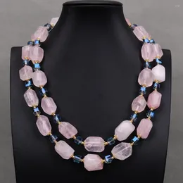 Pendant Necklaces G-G 2 Rows Natural Pink Rose Quartz Faceted Nugget Blue Rock Crystal Necklace Handmade Gemstone For Lady