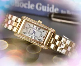 Słynne kobiety cienką długość Kształt Watch Kwarc Ruch Zegar czasu Zegarek Pełny stal ze stali nierdzewnej Lady Super Cool Square Roman Tank Diamonds Na ręce Montre de Luxe