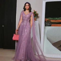 Sevintage Purple Beading Sequined Prom Dresses Cap Sleeves Saudi Arabic ALine Evening Gowns Formal Occasion Dress 2024 240227