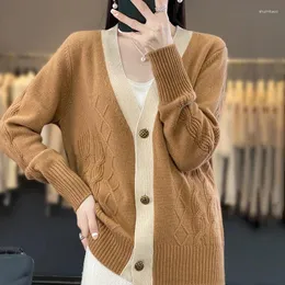 Women's Knits Pure Cashmere Cardigan Female V-neck Loose Wild Color Matching Wool Knit Coat Sweater
