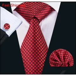 Cravatte di seta rosse per uomini interi scozzesi e quadri Cravatta Fazzoletto Gemelli Set regalo per la parte di nozze Affari N-1607 Z5Vcv240H