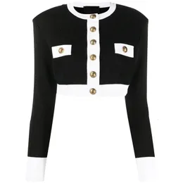 0425 S-XL High Quality Knitted Black And White Stitching Round Neck Long Sleeve Women Jacket Coat240304