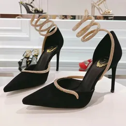 RENE CAOVILLA CLOO PUMP LN Black Black مع Serpent Crystal 100 مم أنثى 41 أزياء مدببة أصابع القدمين الخنجر الكعب المسائي Snake Strass مصمم فستان فستان فستان