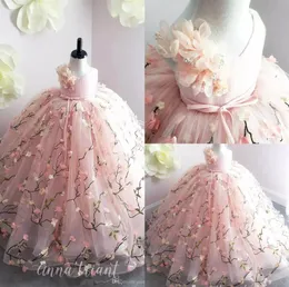 Princess Pink Flower Girl Dresses Lace 3D Floral healsed ball gown girl little birthday party barty sweep train trail kids salial wear1698242