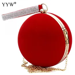Unique Velvet IronOn Lady Handbag Red Shoulder Bag Spherical Evening Bags Small Clutch Purse Chain Wallet Bolsos Mujer 240223