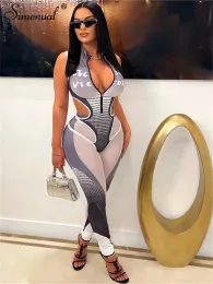 Anzüge Simenual Chic Streetwear Print Zwei Stück Anzug Sexy Aushöhlen Zipper Dünne Bodys Mesh Split Bleistift Hosen CoOrd Sets 2023