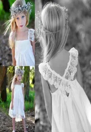 2017 Boho Beach Country Flower Girls Dresses لحفلات الزفاف رخيصة مربع الدانتيل CRISS CROSS Back Knee Lene Dress Dress