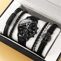 5PCS Set Fashion Mens Sports Watches Man Business Quartz Wristwatch Luxury Leather Bracelet Men Casual Clock Watch 240227