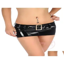 Sexiga kostymer Micro Mini Kjol Latex Faux Leather Sequin Tight Hip Slim Low Midj med Belt Pencil Package kjol3749507 Drop Deliver Dhviq