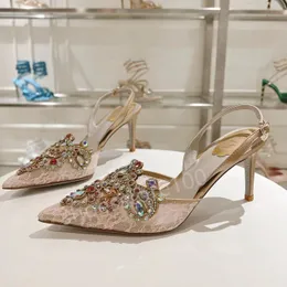 Rene Caovilla Margot装飾されたSiede Sandals Snake Strass Stiletto 9.5 Heels女性のハイヒールの高級デザイナーAnkle Wraparound Invinding Shoes Factory Footwear