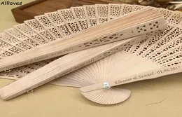 50Pcslot Personalized Fans Chinese Sandalwood Fan With Organza Bag Custom Made Names Words Hollow Out Hand Fans Summer Wedding Pa6568079