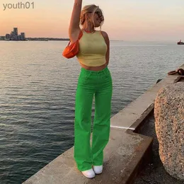 Kadın Kotu Kadın Kotları 90'lar Hip Hop Sokak Giyim Y2K Moda Yeşil Harajuku 2021 Kadınlar İçin Yüksek Bel Düz Vintage Denim Pantolon 240304