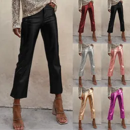 Women's Pants Pu Leather 2024 Fashion High Waist Straight Women Solid Bright Trousers Party Nightclub Cropped