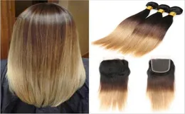 1B427 honung blond ombre brasiliansk hår 3buntar med spetsstängning mörka rötter tre ton silkeslen rak ombre hårväv med 3542712