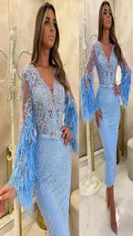 2021 Aso Aso Ebi Sky Blue Mother of Bride Dresses v Neck Long Sleeves Long Feather Lace Length Beddings Guest Dress Mo6863328