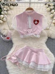 Garnitury Chillgio Kobiet pielęgniarki mundurzy seksowna spódnica garnitury erotyczne cosplay kostium moda Hotsweet Bodycon 4 -częściowy siatkowy zestaw piżamy