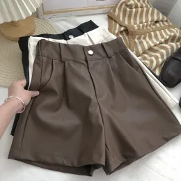 Shorts Black One button high waist solid color Aline wideleg Shorts women autumn Korean wild thin casual PU leather shorts lady