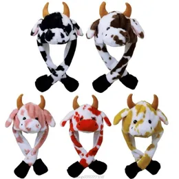 Beanie Skull Caps LED Light Up Peluche Cappello animale con orecchie da salto in movimento Multicolor Cartoon Milk Cow Paraorecchie Cap Peluche JY082805