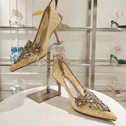 Rene Caovilla Sandálias de moda designer de salto alto 9,5 cm mulheres sapatos de casamento decoração de cristal dedo do pé de couro real apontado tornozelo cinta fivela vestido sapato caixa de calçado