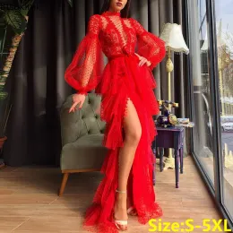 Dress New Women Evening Dress Red Lace Hollow Out Long Sleeves A line Sexy Side Split Dress Floor Length Tail Elegant Woman Maxi Dress