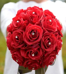 ブライダルレッドローズブーケロマンチックな花嫁人工花ブーケホームウェディングデコレーションウェディングウェディングブーケとCrystal3575526