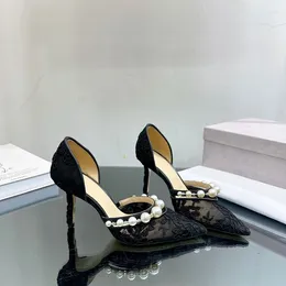 드레스 슈즈 여자 2024 Lady Sexy Zapatillas Mujer는 발가락 레이스 진주 하이힐 디자이너 펌프 샌디리아 신부 웨딩 신발