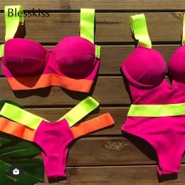 Swimwear Blesskiss Sexy Push Up Bikini 2023 Women Swimsuit Thong Cut Out Neon Bandage Brazilian Swimwear Bathing Suit Swim Bikini Set