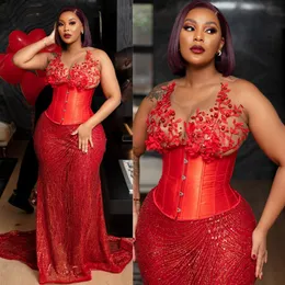 African Nigeria Plus Size Aso Ebi Prom Dresses Evening Gowns Illusion Mermaid Formal Dresses Sheer Neck Red Beaded Lace Pearls Sexy Gala Engagement Gown AM465
