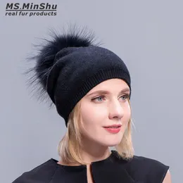 Cashmere Hats For Women Pompom Beanies Fur Hat Female Warm Caps With Real Raccoon Fur Pompom Bobble Hat Adult303P