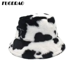 Fuodrao New Winter Cow Bucket Hat Women Faux Fur Girl Hat Fashion Warm Panama Outdoor Fisherman Cap Men 3colors M135 201102258M