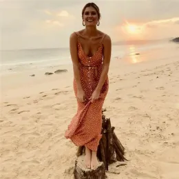 Abito elegante senza maniche con volant a pois a vita alta Abito da donna Playa Abiti da festa Moda Donna Boho Beach Vestito estivo per le vacanze estive