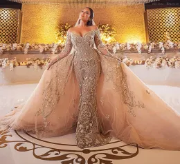 Plus Size Arabisch Aso Ebi Gold Luxuriöse Spitze Perlen Brautkleider Meerjungfrau Langarm Brautkleider Vintage Brautkleider