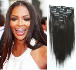 7A 14quot 26quot8pcs Cabelo remy brasileiro não processado liso clipin extensões de cabelo humano remy 1B preto natural 107337144