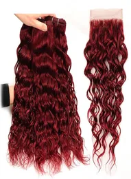 99J Burgundy Malaysian Water Wave Human Hair 3 Bundles With 4x4 Lace Closure 4Pcs Wine Red Mink Wet and Wavy Virgin Hair Weave2063785