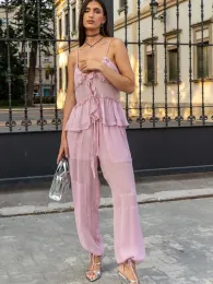 Suits Elegant Women 2 Piece Sets Summer 2023 New Ruffle Bandage Camis Tops With Cargo Trouser Casual Fashion Women's Transparent Suits