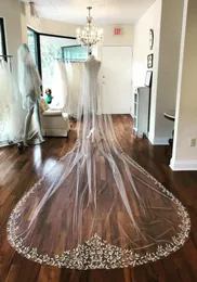 2019 véus de casamento projetados imagens reais comprimento da catedral borda de renda completa blush rosto aplicado 3m longo branco marfim véus de noiva cu3262288