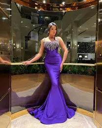 2024 Fioletowe sukienki wieczorowe noś seksowne paski spaghetti syrenę kryształowe koraliki arabskie kobiety formalne suknie wieczorowe