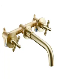 Brass Brushed Gold Basin Faucet Double Handle Brass Surface Bathroom Pool Faucet Water Bathroom Accessories1936765