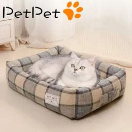 四角い格子犬のベッド取り外し可能な洗えるペットベッド猫巣二両面使用可能なコットンパッド寝袋のための大きな小さな猫240226