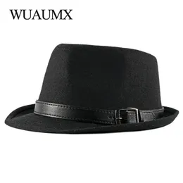 Wuaumx Autunno inverno cappelli jazz retrò uomini di mezza età sentivano cappello di fedora per maschio solido trilby panama cappello bowler nero wide brim3039