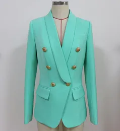 Yüksek kaliteli yeni kadınlar blazers uzun kollu aslan kafası düğmesi çift göğüslü blazer ceket ofis bayan nane yeşil ince iş takım elbise 1619869