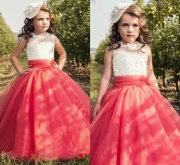 Princess Coral Flower Girl Dresses Sheer Neck Lace Pärled ärmlös korsett Back Tulle Child Pageant Wedding2955093