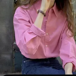 Kvinnors blusar Spring Korean Style Pink Shirt Women 2024 Fashion Long Sleeve Loose Blouse Woman Slime Down Collar Shirts Ladies Office Tops