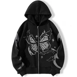 Erkek Hoodies Sweatshirts Yeni Y2K Yüksek Matris Matris Kelebek Baskı Zipper Hoodie Sıradan Gevşek Hoodie Erkekler Cardigan Coat T240304