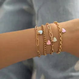 Länk armband vintage rosa droppe nektarin hjärta hänge armband kvinnor 2024 flerskikt guldfärg metall flickor modesmycken