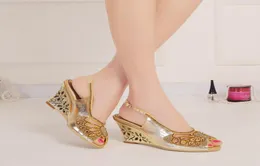 Gold Rhinestones Wedge Wedding Shoes Cutout Sandals For Brides High Heel Slingback 8cm Chunky Heel Crystals Shoes Women Peep Toe 5868741