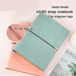 (Can Engrave Logo) A5/B5 Travel Notebook With Strap Soft Leather Ledger Student Notepad Business Meeting Minutes Diary