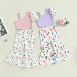 Clothing Sets 1-6Y Fashion Children Baby Girls Clothes Set Short Sleeve Patchwork Vest With Flower Print Flare Pants 2pcs Summer Outfit